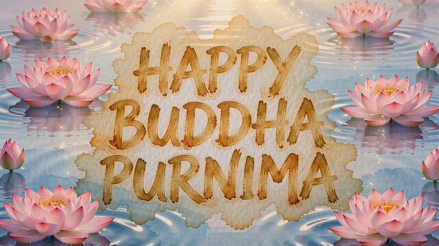 Happy Buddha Purnima typography designed with soft hand painted watercolor lettering bleeding onto paper, ideal for peaceful religious greetings.