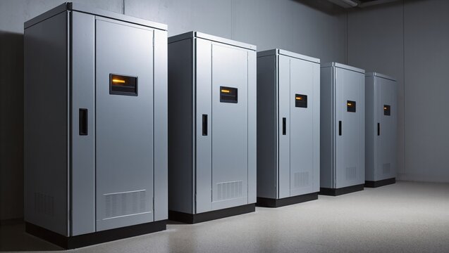 Row of UPS battery cabinets in a clean industrial power room interior