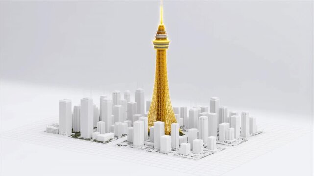 都市開発のために白い都市ジオラマへ組み込まれる金色の塔