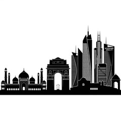 Fototapeta premium A black and white vector graphic illustration of the New Delhi skyline, featuring iconic landmarks and modern skyscrapers in a flat, minimalist design
