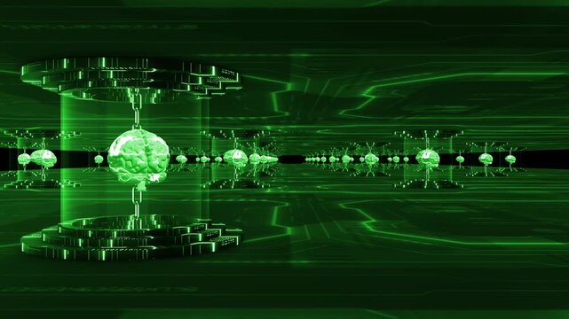Green color 3d brain interlinked of ai simulation of human intelligence futuritstic circuit board processing global humans data hi tech design black technology 3D background