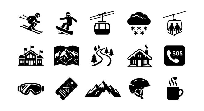 Ski resort icon set with 15 black vector silhouettes, winter sports equipment and mountain vacation symbols, minimalist outdoor recreation graphics
