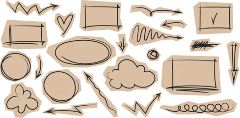 Crayon-style doodles and cutouts scrapbook element of hearts, stars, arrows, text balloons. Sketchy spark vector elements. Vintage, retro aesthetic cutouts for collages, journals, and creative crafts. © Volha