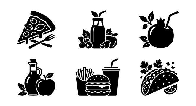 Minimalist food and drink icons set, black solid vector silhouettes of pizza burger and taco, restaurant menu graphic elements for fast food and healthy snacks