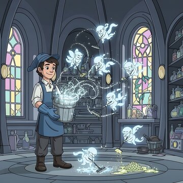A young man, wearing an apron, is depicted in a magical chamber surrounded by animated, cartoon-style, ghost-like beings