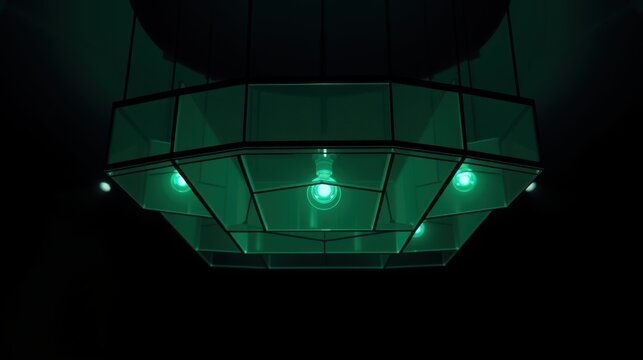 Geometric light fixture glows softly. Dark background emphasizes teal glass panels, creating dramatic illumination. Minimalist design.