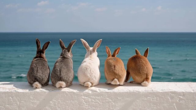 夏の海辺で白い壁に並ぶウサギたちが水平線を見つめる昼下がり