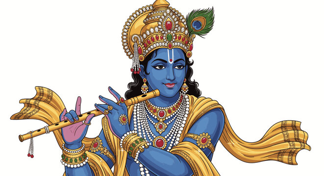 Divine Lord Krishna illustration playing flute with traditional jewelry