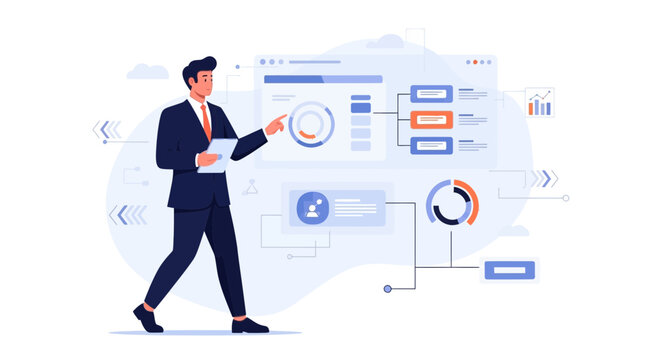 Businessman analyzing data on futuristic dashboard, business analytics, strategy, planning