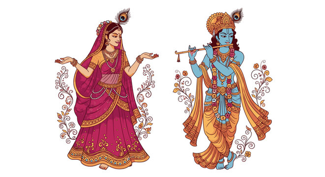 Lord Krishna and Radha playing flute in traditional Indian illustration