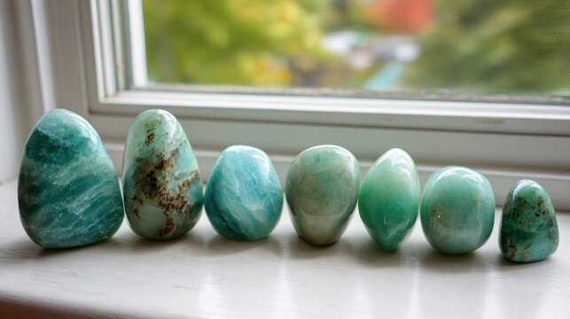 A Collection of Smooth, Polished Green and Teal Gemstones Lined Up for Display