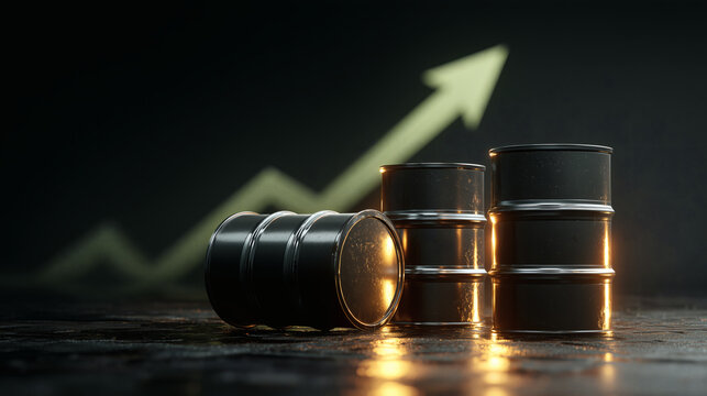 Oil price movement in emerging markets concept with barrels and a green upward arrow representing rising oil prices