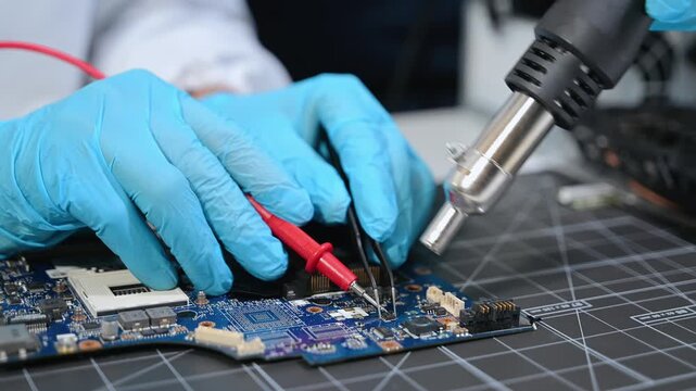Professional technician repairing and upgrading computer hardware, testing motherboard circuits, troubleshooting electronics