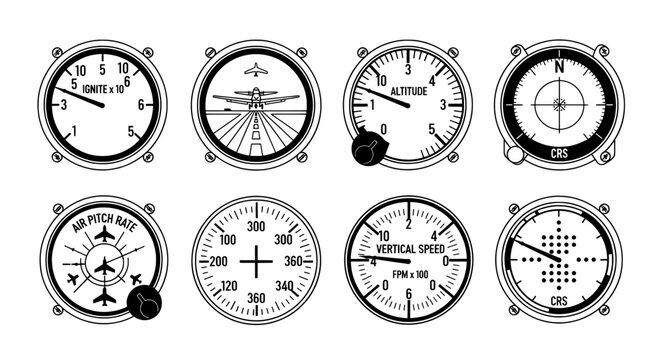 Instrument set of airplane cockpit gauges for flight navigation
