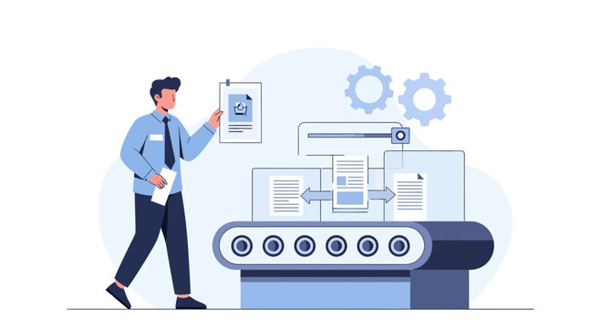 Businessman managing document processing on a conveyor belt with gears