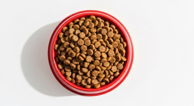 Overhead shot of a red bowl filled with brown, dry, circular kibble