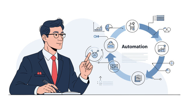 Businessman points to automation cycle diagram with icons, business concept