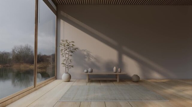 Minimalist Japandi Living Room Interior with Zen Aesthetic and Natural Sunlight Shadows, 4k video interior