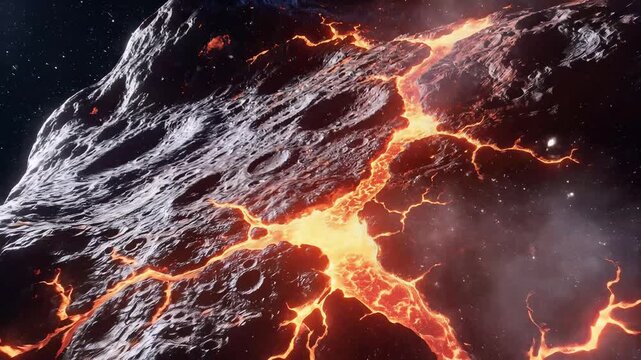 Giant Asteroid with Molten Lava Cracks in Deep Space