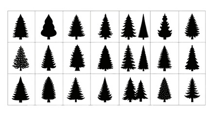 Fototapeta premium Collection of diverse black silhouette evergreen coniferous trees and pine trees arranged in a grid on a clean white background showcasing various shapes and styles for design