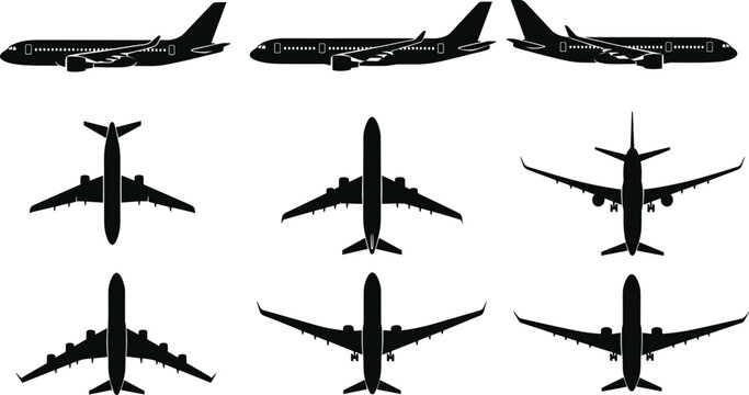 Airplane silhouette collection illustration, commercial aircraft side and top views, aviation transport icons isolated on white background design