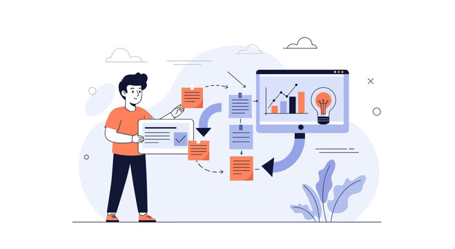 Business process mapping with flowchart and analytics on computer screen
