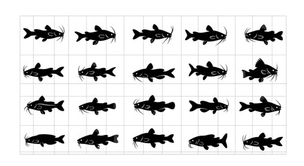 Obraz premium Seamless pattern of stylized black catfish silhouettes on a white grid background perfect for aquatic themes culinary use or fishing industry designs offering a clean and modern