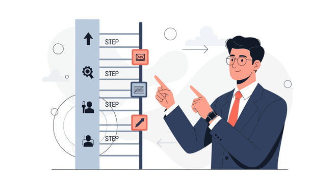 Businessman pointing at a step-by-step progress chart, business growth concept