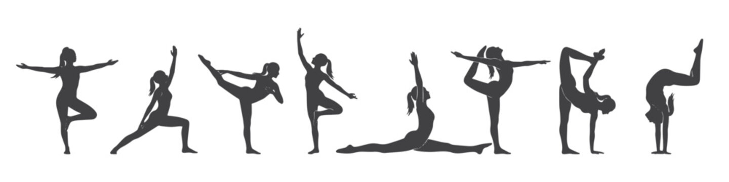 Silhouette of eight women performing various yoga poses isolated on white background