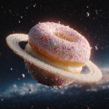 Donut planet with candy rings in deep space