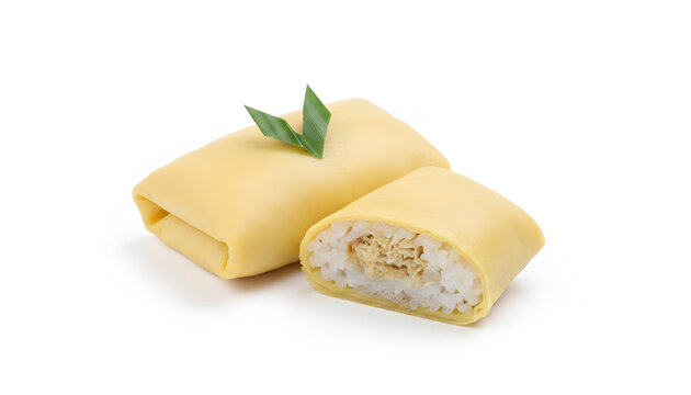Indonesian Semar Mendem, savory glutinous rice stuffed with shredded chicken and wrapped in a thin crepe omelet