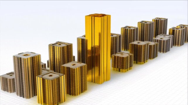 都市計画のために都市模型へ組み込まれる金色の住宅タワー