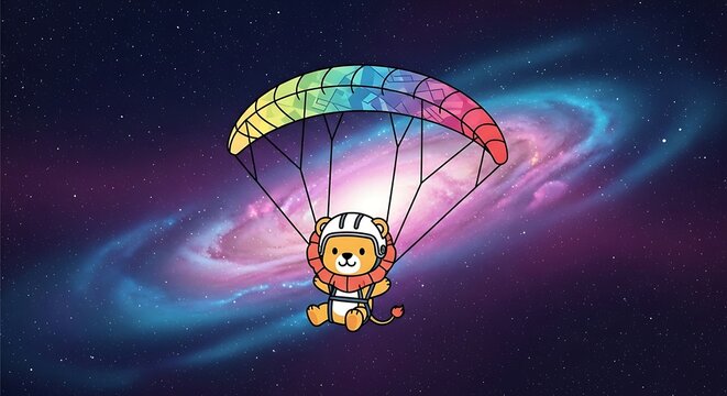 Animated cartoon lion character wearing a helmet and a parachute, floating against a vibrant, swirling galaxy backdrop