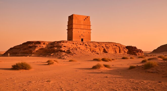 Ancient monumental rock-cut tomb in the AlUla desert landscape at sunset