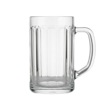 Pristine, empty borosilicate glass beer stein with vertical fluting and sturdy handle, on high-key transparent studio background, showcasing quality and stability