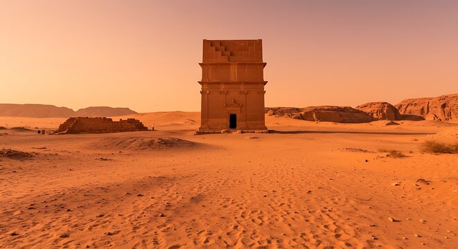 Ancient Nabataean tomb carved in sandstone at Hegra Al-Ula Saudi Arabia under a warm sky