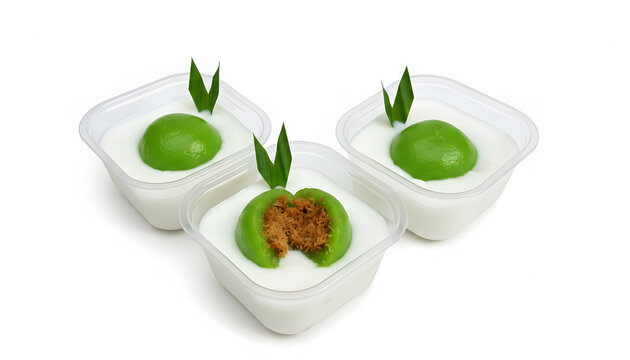 Indonesian Kue Bugis Mandi, soft green pandan sticky rice balls with sweet coconut filling served in savory coconut cream