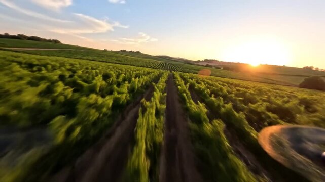 Green vineyard rows stretching across a rolling hill under the golden sunset