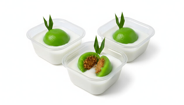 Indonesian Kue Bugis Mandi, soft green pandan sticky rice balls with sweet coconut filling served in savory coconut cream