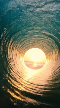 Inside a glowing ocean wave at sunset with the sun on the horizon