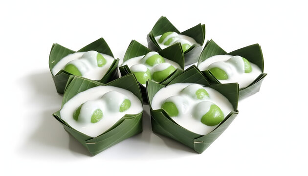Indonesian Kue Bugis Mandi, soft green pandan sticky rice balls with sweet coconut filling served in savory coconut cream