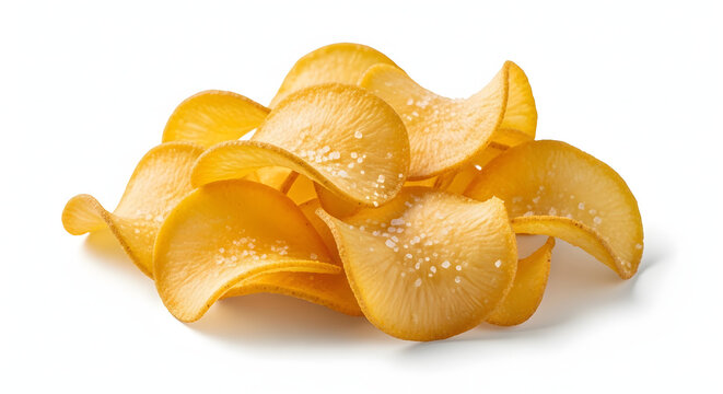Crispy Indonesian Keripik Singkong, thinly sliced golden cassava chips with a satisfying crunch, isolated on a white background