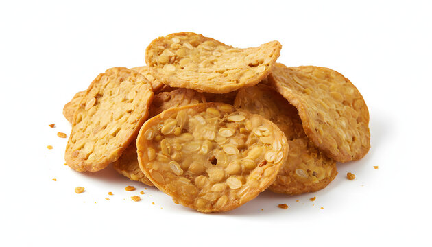 Crispy Indonesian Keripik Tempe, thin and savory deep-fried tempeh chips with visible soybean texture, on a white background