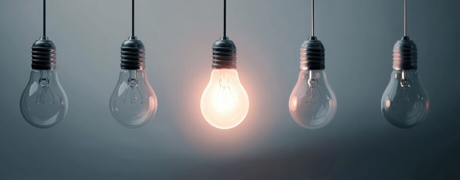 The Light Bulb Lit Among Four Unlit Bulbs in Minimal Studio Scene