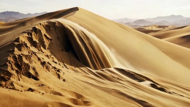 Golden sand dunes with wind blowing across crest