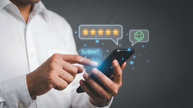 Man submitting a five-star rating on his smartphone with a satisfied expression