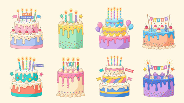 Colorful Cartoon Birthday Cakes Vector Illustration Collection