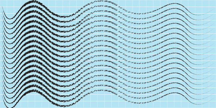Double seismogram of seismic activity or lie detector record on blue chart paper. Earthquake audio wave diagram. Ground motion, volcano eruption. Polygraph or seismograph. Vector illustration