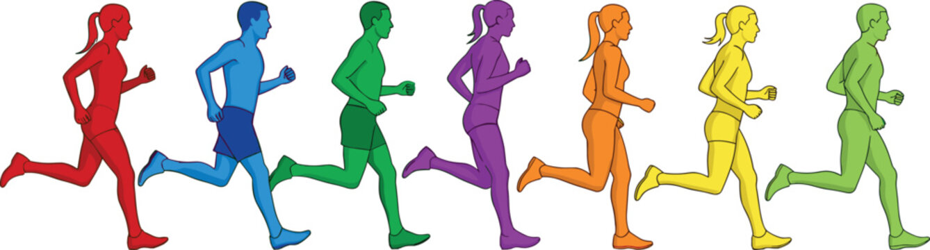 Colorful running people silhouettes set showing men and women jogging in sequence for fitness, sport, health, and active lifestyle concepts