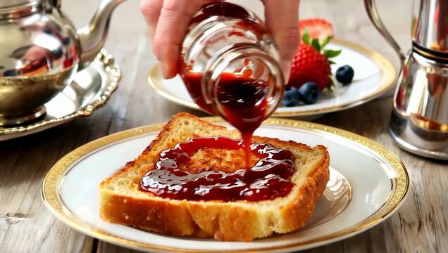 Hand pouring jam onto toast with berries on plate